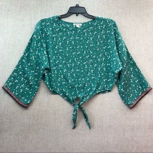 Billabong Back Round Tie Front Waist Green Floral Print Blouse Size Small